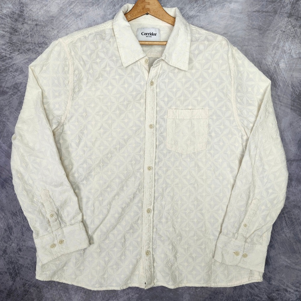 Corridor NYC Embroidered Eyelet Lace Button Up Shirt Mens XL White Geometric